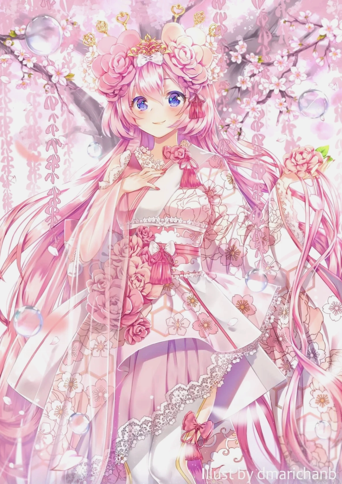 ảnh anime girl tóc hồng dễ thương phong cách Nhật Bản trong tư thế chiến đấu